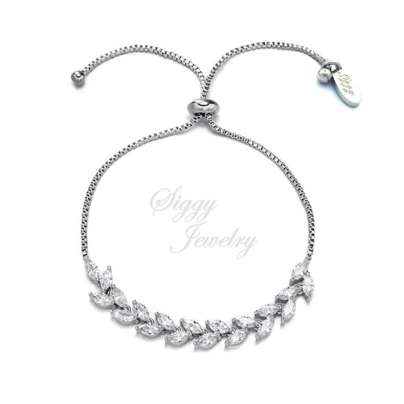 Delicate CZ Leaf Bridal Bolo Adjustable Bracelet - Picture 1 of 8